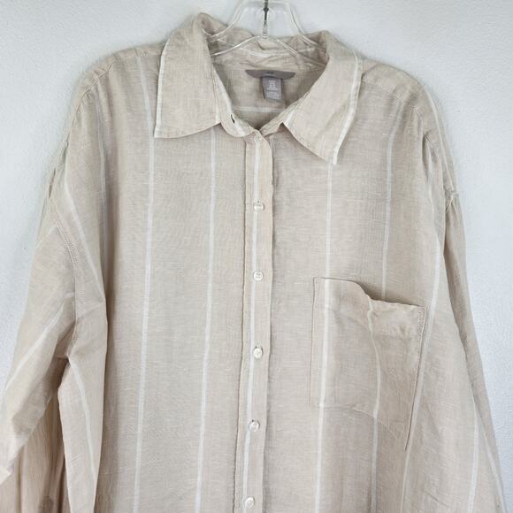 H&M Cream White Stripe Button Down Blouse Size XL 100% Linen Preppy Coastal - Picture 2 of 12